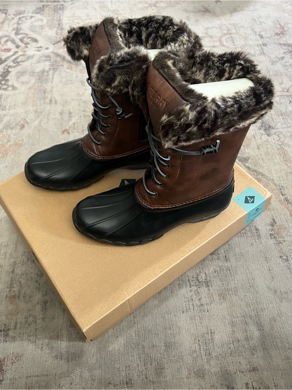 Sperry Saltwater Girls Cozy Fur-Trim Duck Boot - Brown/Black Size 4